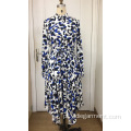 Azul e branco manga comprida vestido maxi